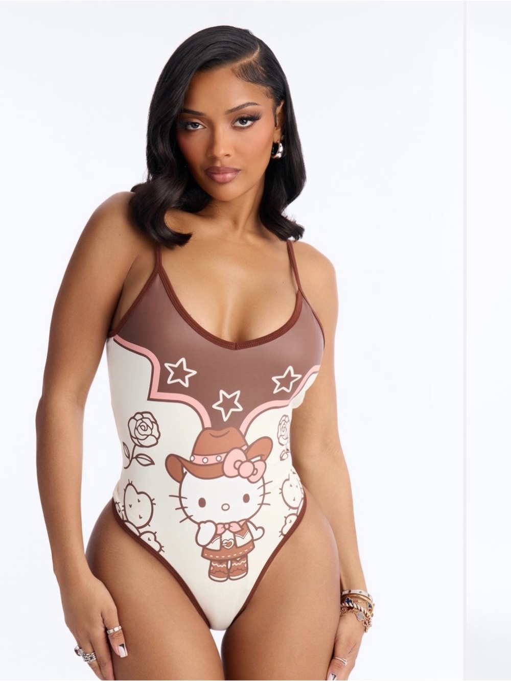 Hello Kitty Cowboy Graphic One-Piece Swimsuit in Cream & Brown
